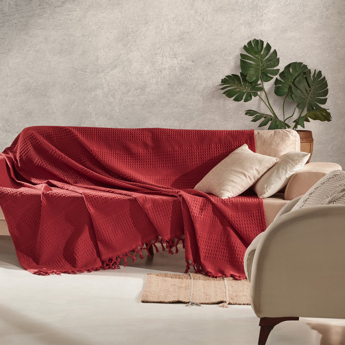 Waffle Cotton Throw - 220cm x 240cm Burgundy