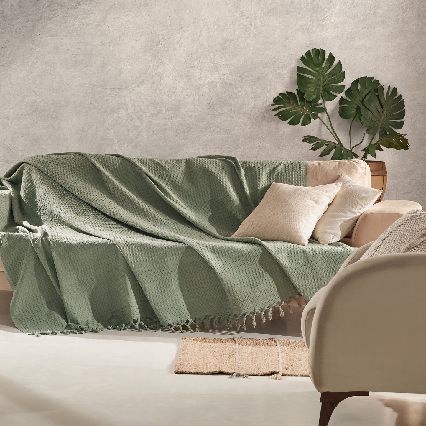 Waffle Cotton Throw - 220cm x 240cm Sage Green