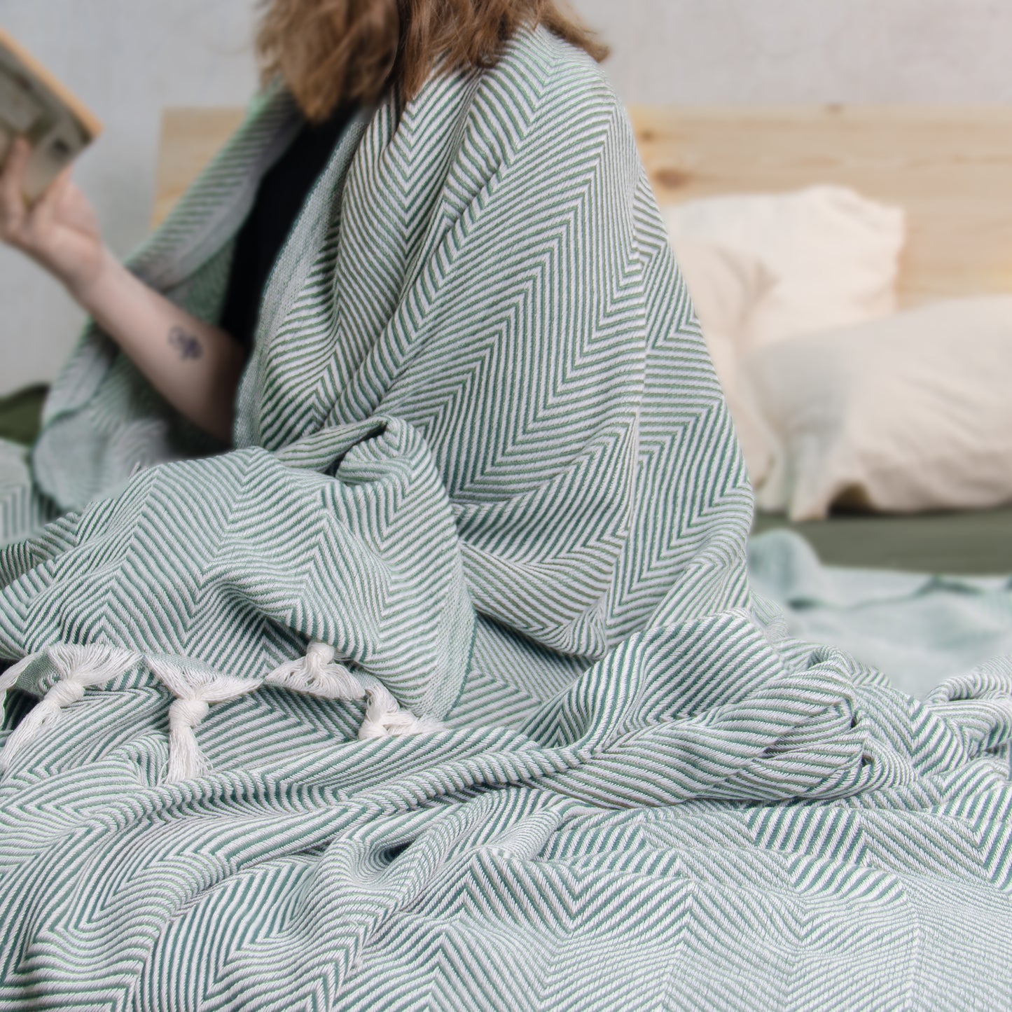 Cotton Herringbone Throw - 170 x 230 cm - Green
