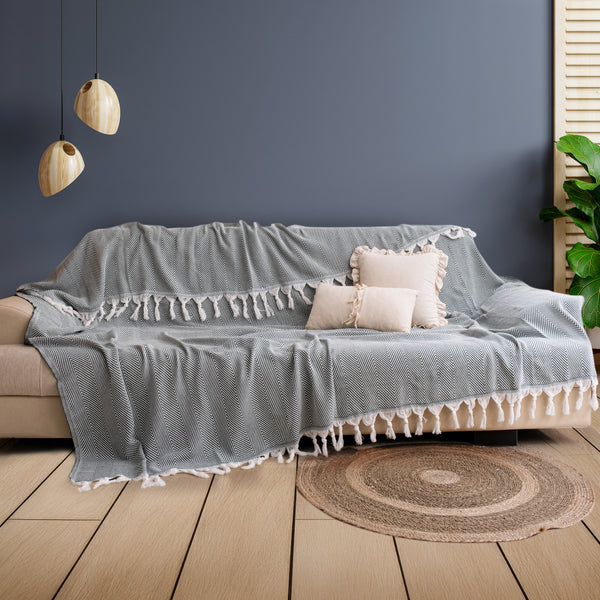 Green cotton herringbone throw 170 x 230cm for large armchairs