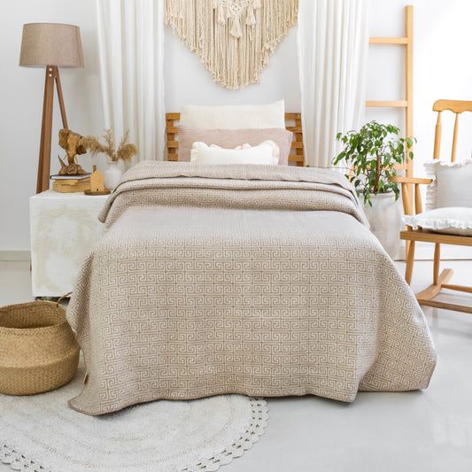 100% Cotton Blanket - Labyrinth Pattern - 150 x 200 cm - Beige
