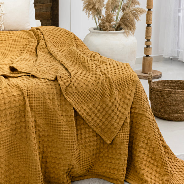 Joanna mustard honeycomb cotton throw 170 x 250cm