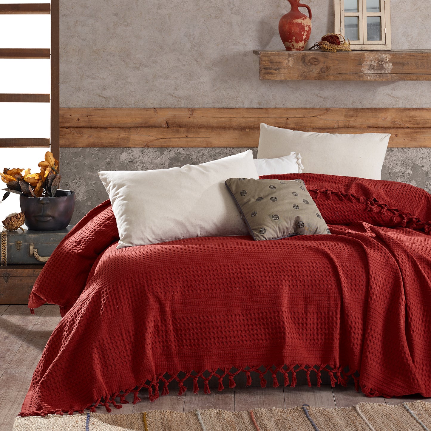 Waffle Cotton Throw - 220cm x 240cm Burgundy