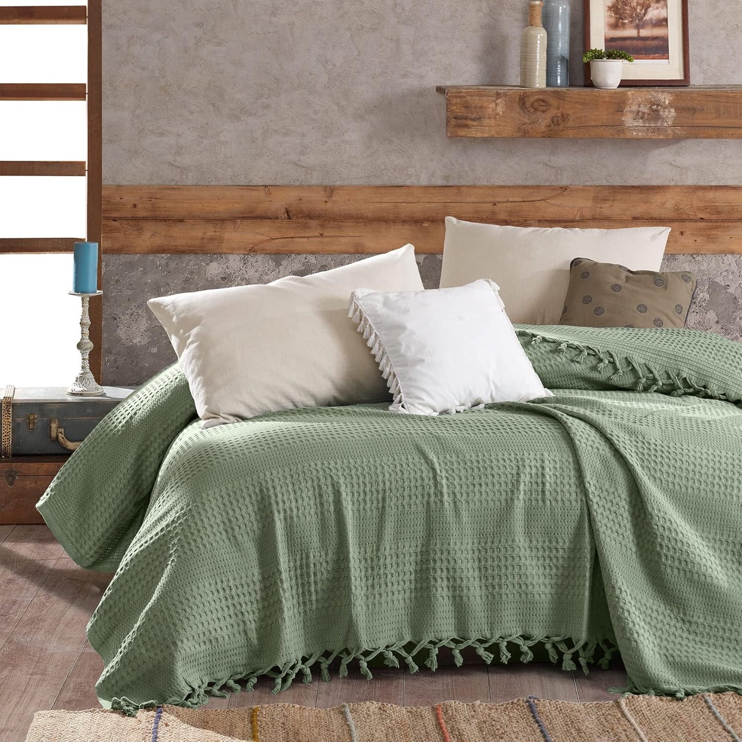 Waffle Cotton Throw - 220cm x 240cm Sage Green